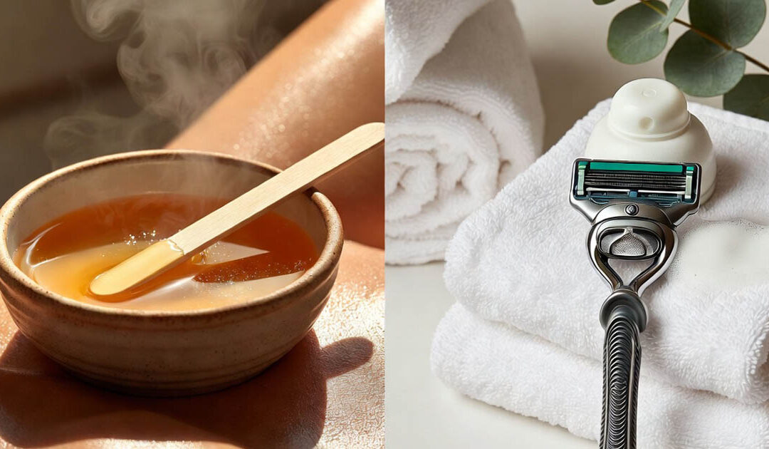 image of waxing supplies on the left and shaving supplies on the right highlighting waxing vs shaving