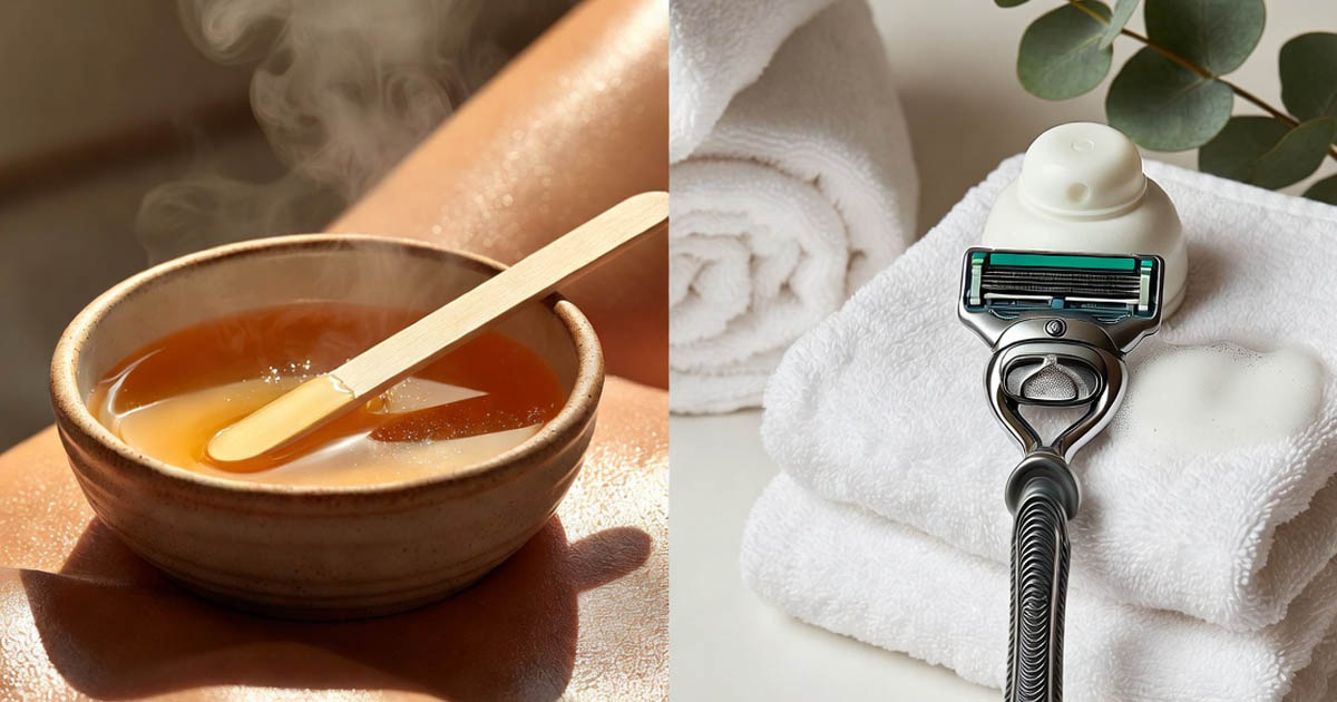 image of waxing supplies on the left and shaving supplies on the right highlighting waxing vs shaving