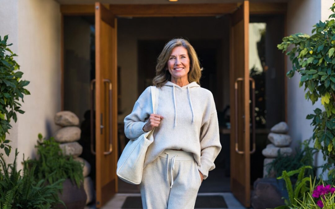 image of a woman wearing a sweatsuit leaving the spa