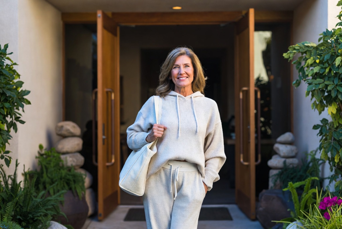 image of a woman wearing a sweatsuit leaving the spa